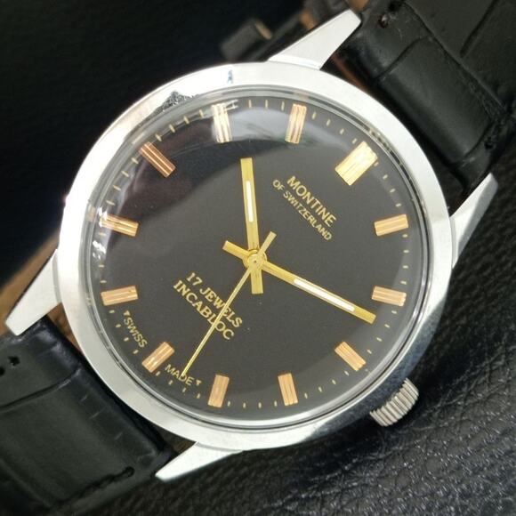 Vintage 1976 Montine Of SwitzerlandManual Mens Silver Watch W/Leather Strap